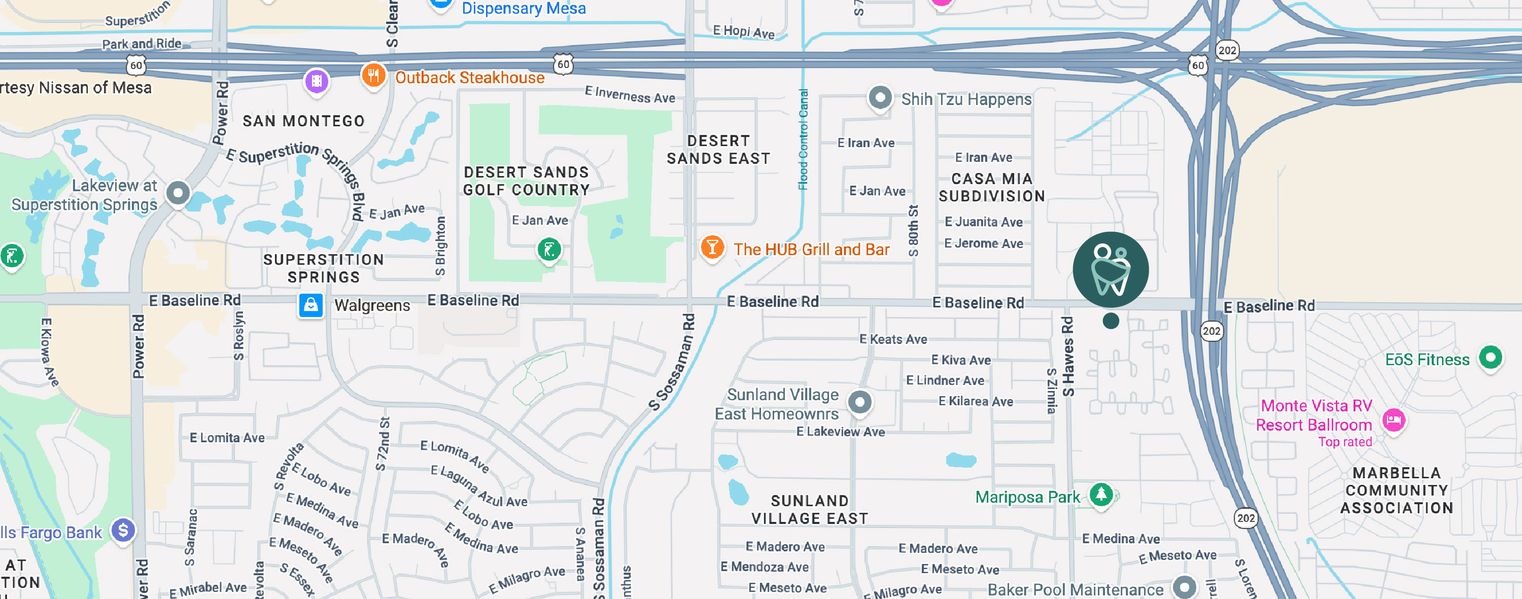 Map showing Little and Big Smiles Dentistry at 8419 E Baseline Road, Suite 101, Mesa, AZ 85209